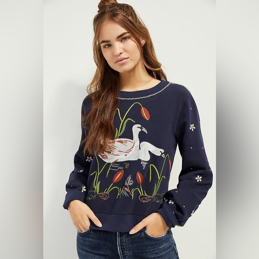 Anthropologie Maeve Swan Lake Embroidered Sweatshirt Size XS